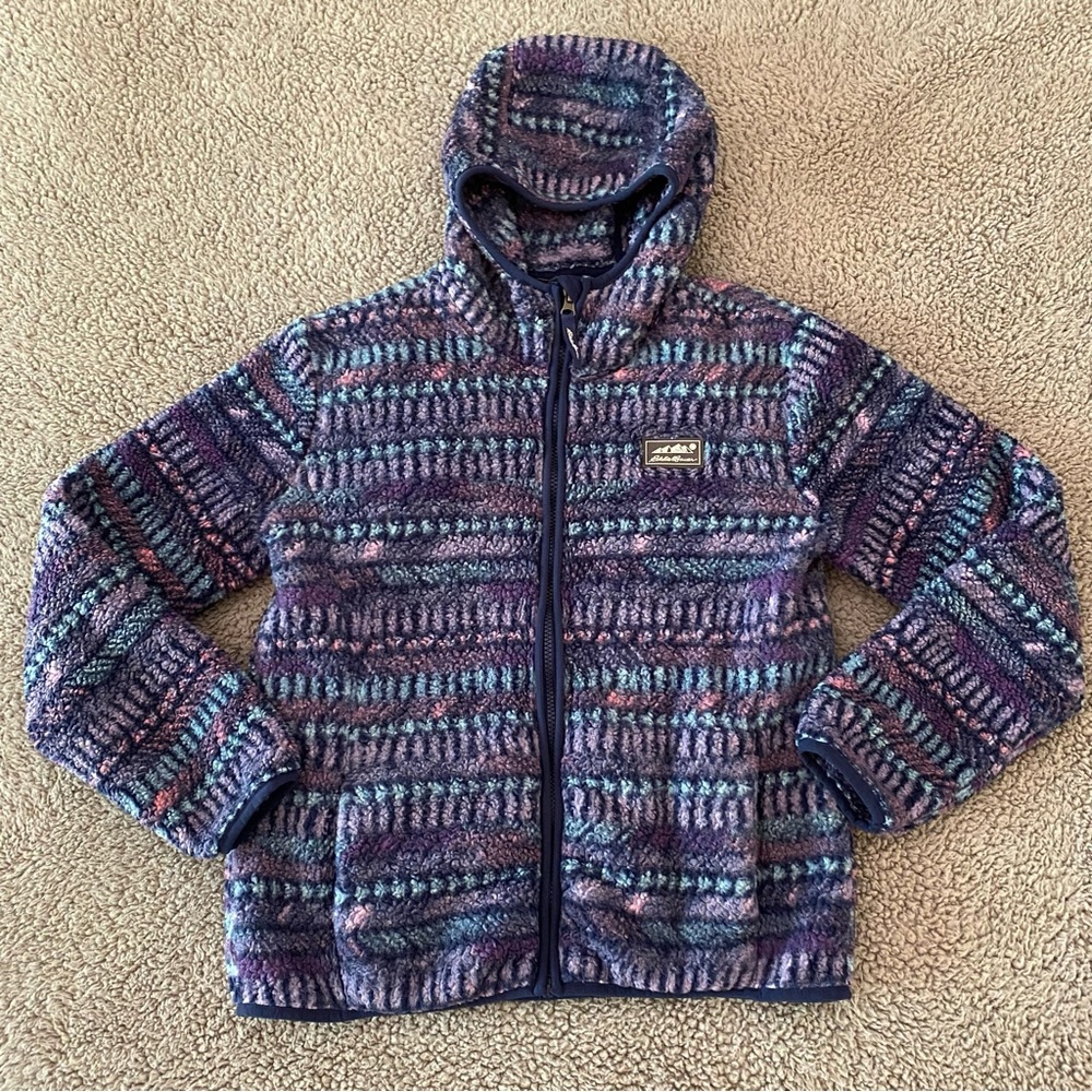 Eddie Bauer Girls Full Zip Fleece Jacket Hood Cozy Large Size 14/16 Purple Blue